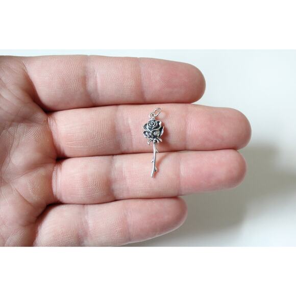 Sterling Silver Long Stemmed Rose Charm - Picture 1 of 3